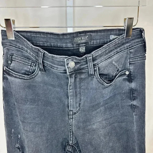 Judy Blue Skinny Fit 5|27 Black Denim Distressed Jeans with Plaid Patch - Picture 9 of 16